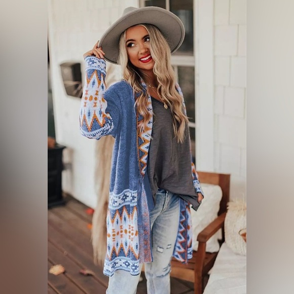 Cardigan Aztec Sweater ~ Long Sleeve Tribal Print Wool Knit Open Front in Blue - Picture 3 of 16